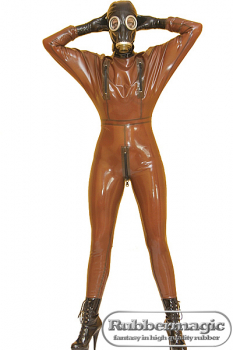 Herren-Latex-Fledermaus-Catsuit mit angearbeiteter Gasmaske und 2 Brustreißverschlüssen