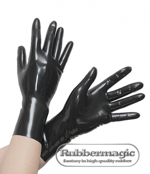 Anatomisch ausgeformte schwarze Latex-Handschuhe, kurz